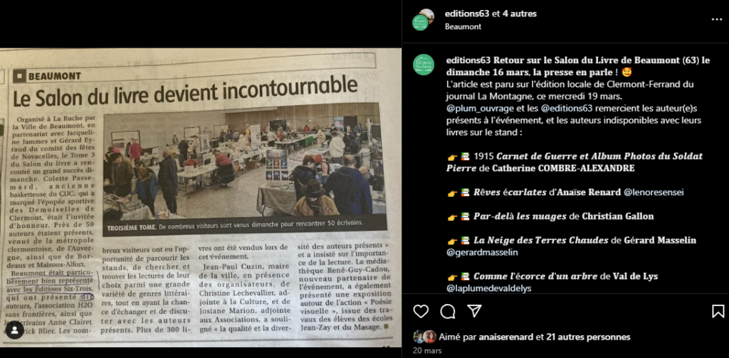 Article de presse de La Montagne du 19 mars 2025 revenant sur le salon littéraire de Beaumont du dimanche 16 mars 2025.