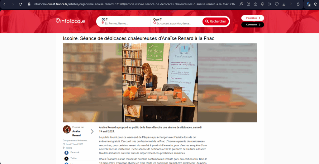 Couverture presse de la dédicace d'Anaïse Renard à la Fnac d'Issoire par Infolocale / Ouest-France