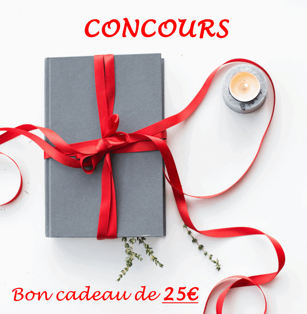 Livre offert en cadeau dans un joli fil rouge pour présenter le concours permettant de gagner un bon cadeau dans le réseau Chez Mon Libraire