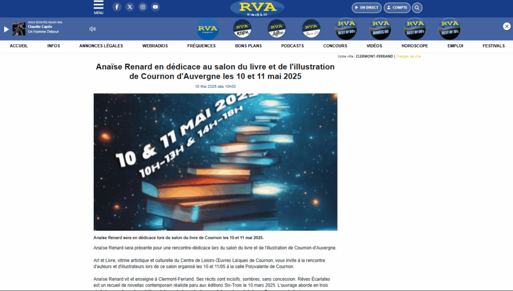 Artlcle de Radio RVA traitant de la présence d'Anaïse Renard au salon du livre de Cournon