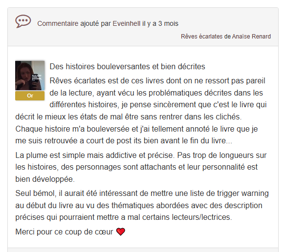 Critique Booknode de Rêves écarlates