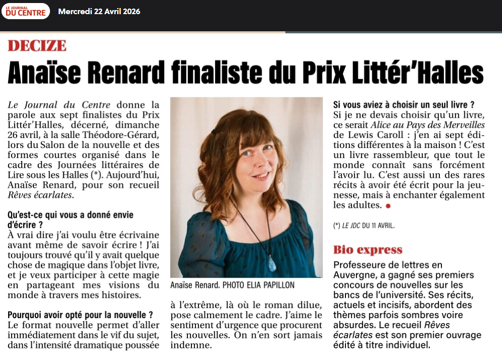 Article de presse sur Anaïse Renard, finaliste du Prix Littér'Halles de Decize