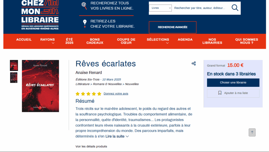 Rêves écarlates Chez Mon Libraire 