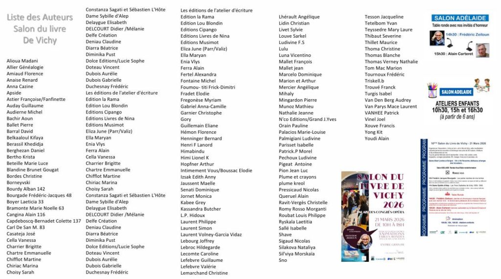 Liste des auteurs Vichy se livre 2026